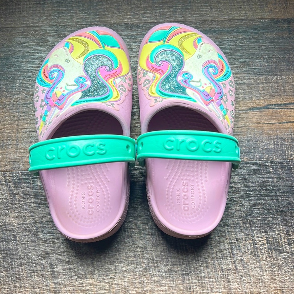 Crocs, size 11, pink unicorn design